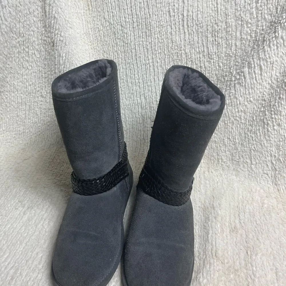 BearPaw  Kamira suede gray mid calf boots sheepskin/ wool blend lining SZ11